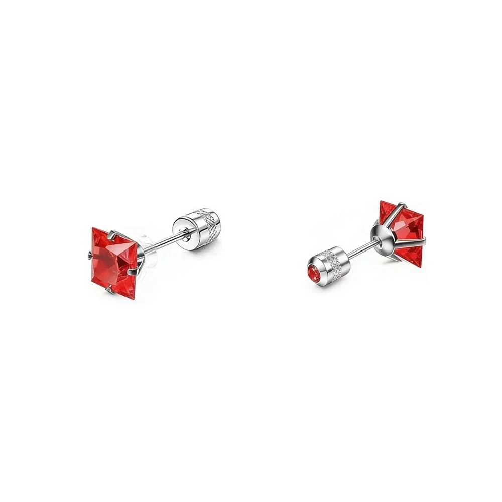 Stud Earrings, Round & Square Prong-Set CZ, Stainless Steel - Silver Square Red CZ - Single Piece