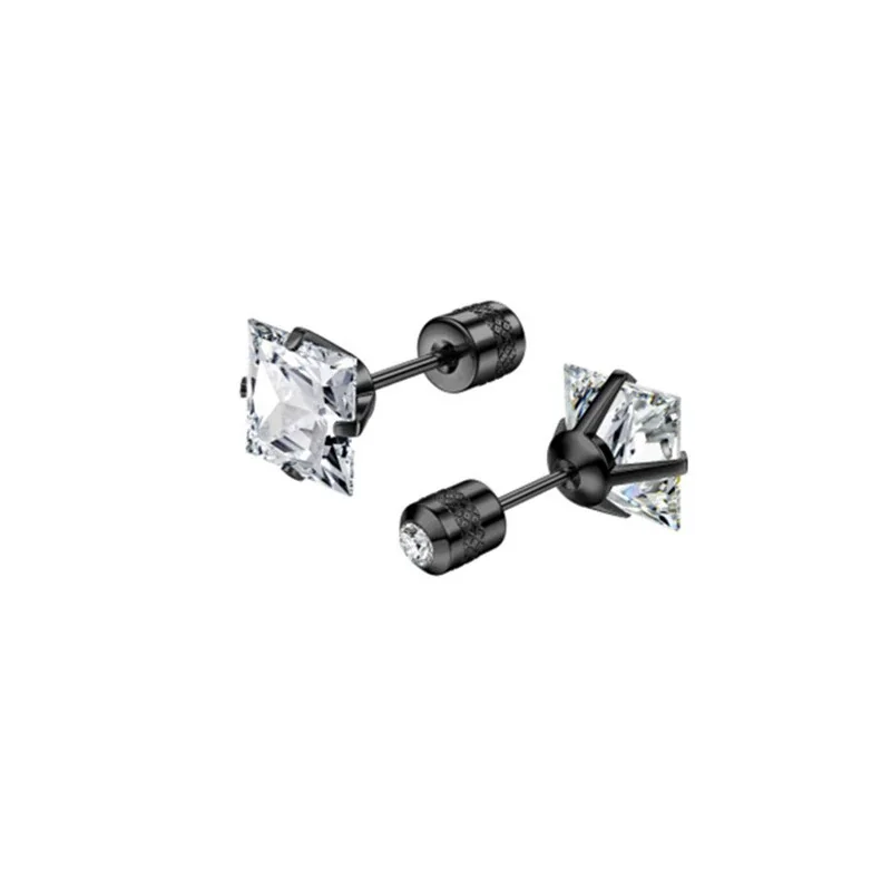 Stud Earrings, Round & Square Prong-Set CZ, Stainless Steel - Black Square Clear CZ - Single Piece