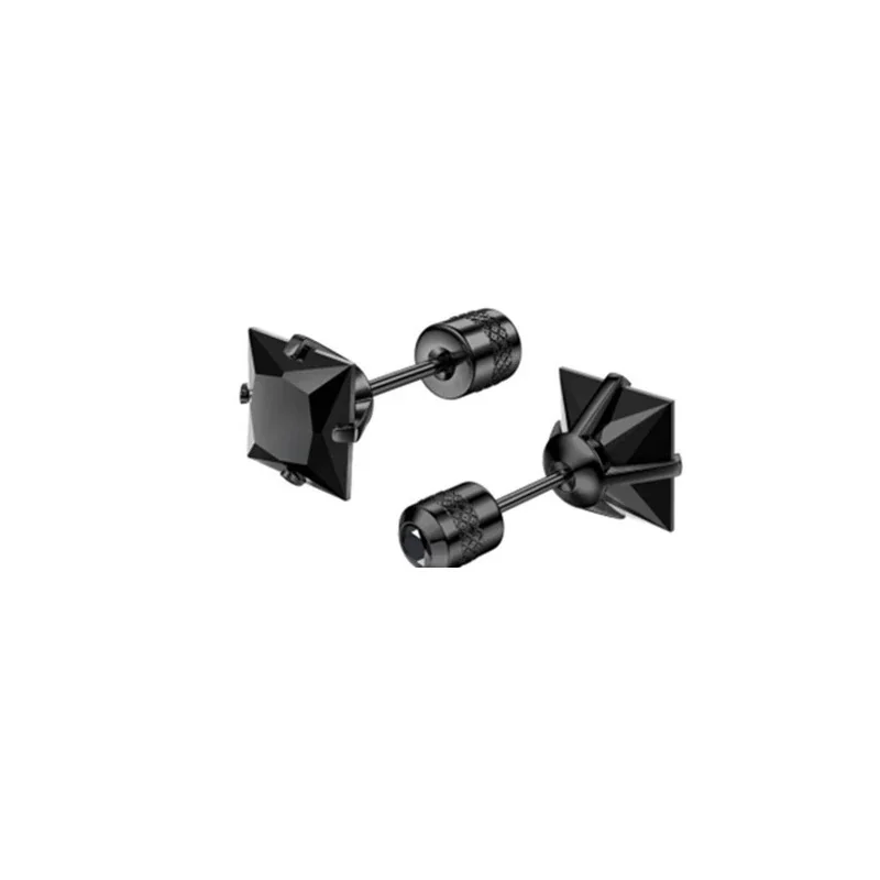 Stud Earrings, Round & Square Prong-Set CZ, Stainless Steel - Black Square Black CZ - Single Piece