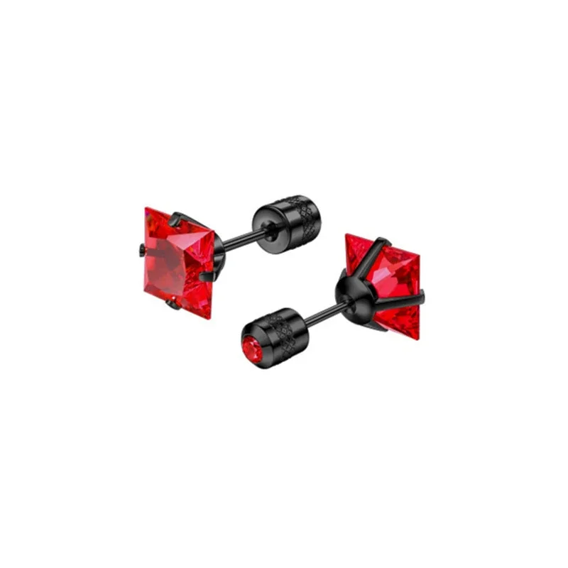 Stud Earrings, Round & Square Prong-Set CZ, Stainless Steel - Black Square Red CZ - Single Piece