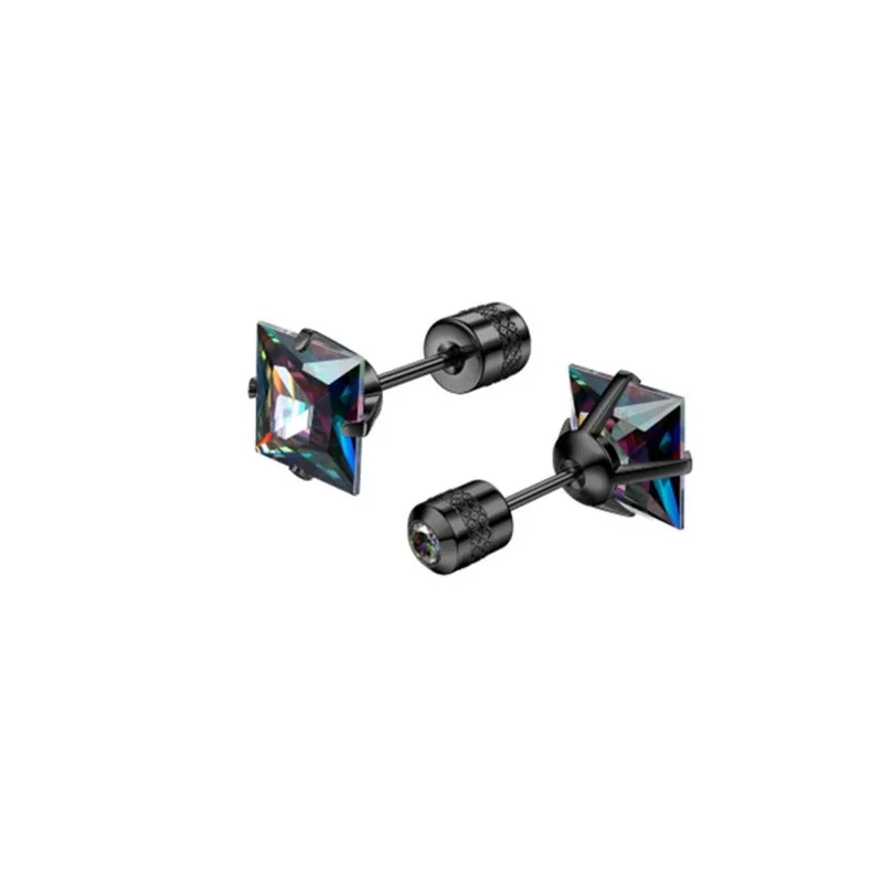Stud Earrings, Round & Square Prong-Set CZ, Stainless Steel - Black Square Multicolor CZ - Single Piece