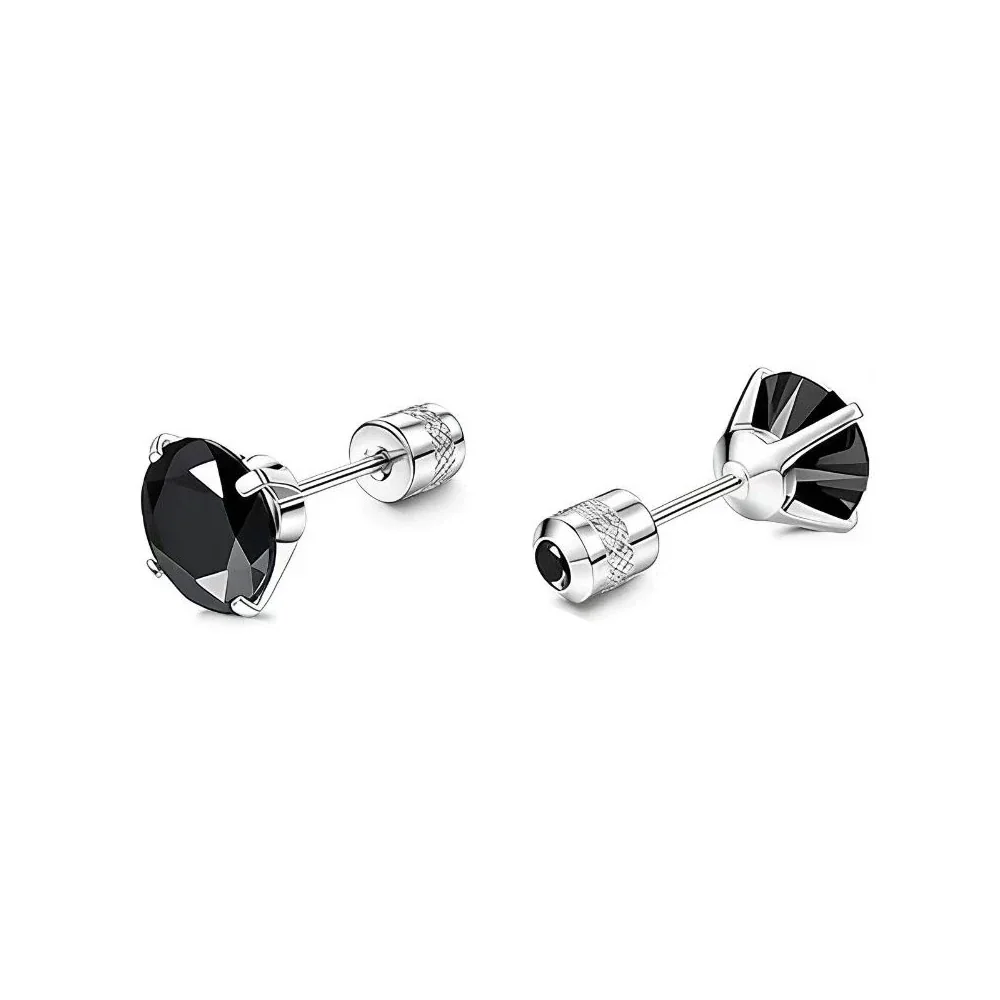 Stud Earrings, Round & Square Prong-Set CZ, Stainless Steel - Silver Round Black CZ - Single Piece