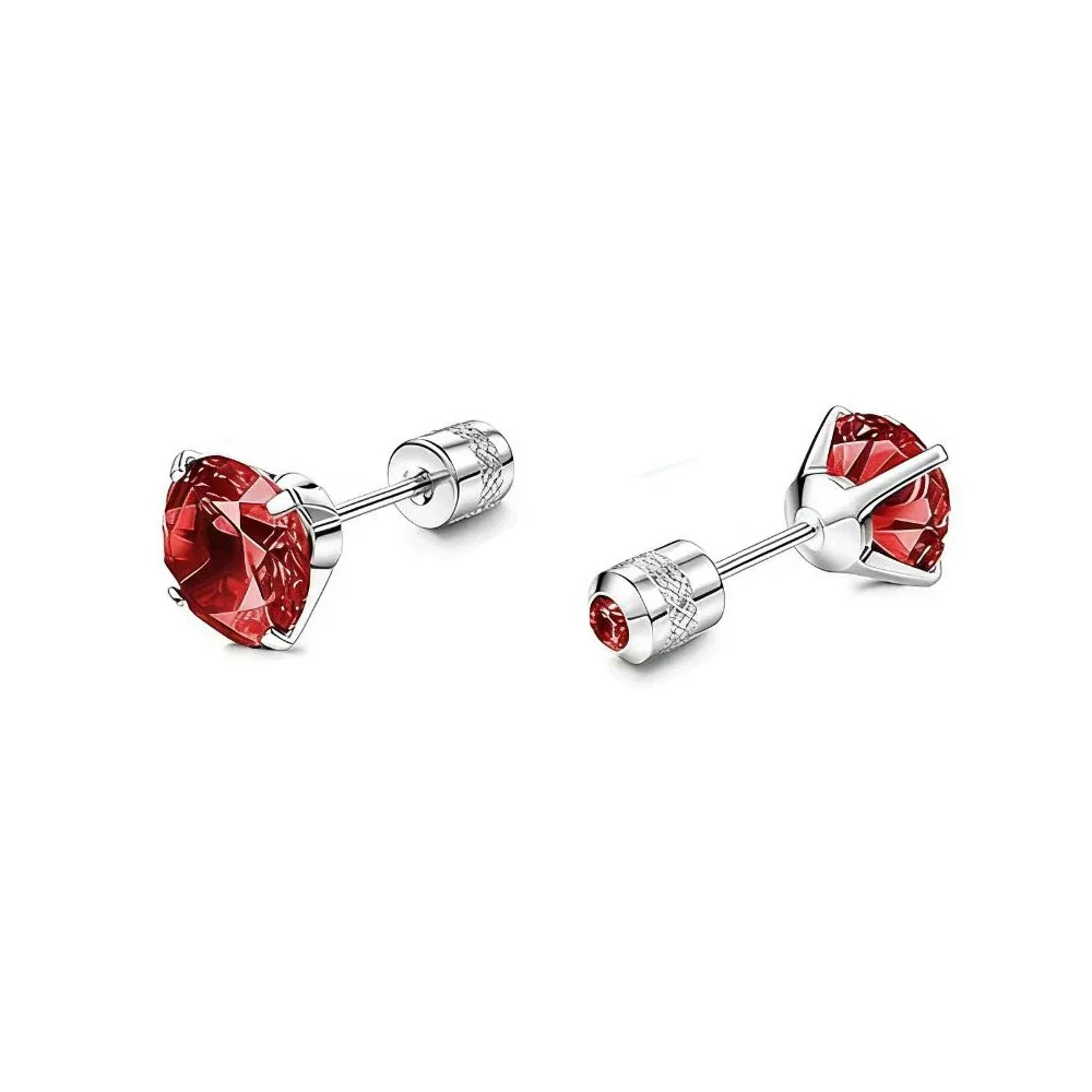 Stud Earrings, Round & Square Prong-Set CZ, Stainless Steel - Silver Round Red CZ - Single Piece
