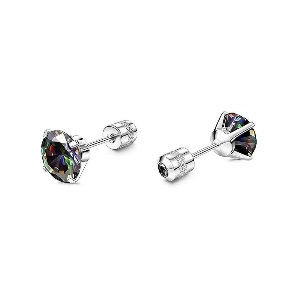 Stud Earrings, Round & Square Prong-Set CZ, Stainless Steel - Silver Round Multicolor CZ - Single Piece