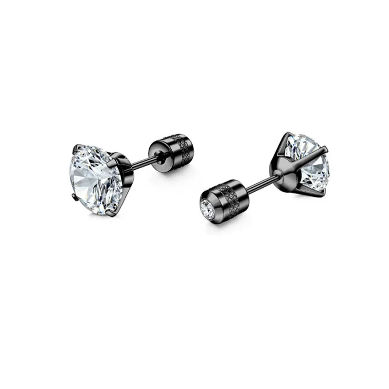 Stud Earrings, Round & Square Prong-Set CZ, Stainless Steel - Black Round Clear CZ - Single Piece