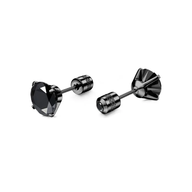Stud Earrings, Round & Square Prong-Set CZ, Stainless Steel - Black Round Black CZ - Single Piece