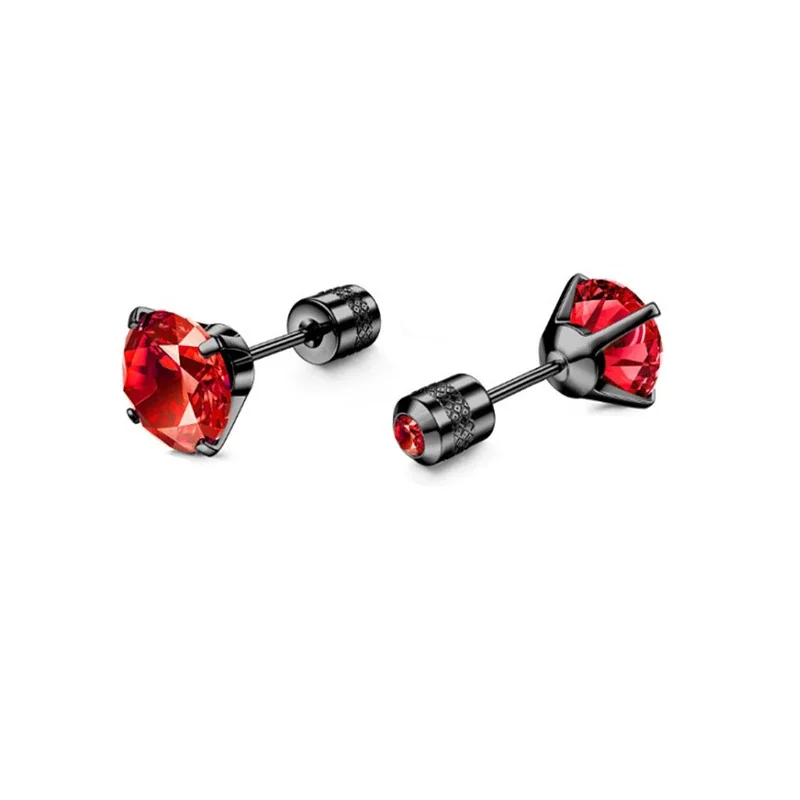 Stud Earrings, Round & Square Prong-Set CZ, Stainless Steel - Black Round Red CZ - Single Piece