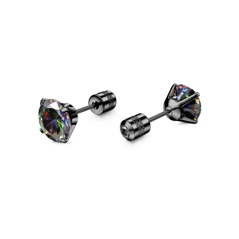 Stud Earrings, Round & Square Prong-Set CZ, Stainless Steel - Black Round Multicolor CZ - Single Piece