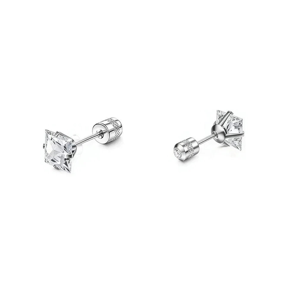 Stud Earrings, Round & Square Prong-Set CZ, Stainless Steel - Silver Square Clear CZ - Single Piece