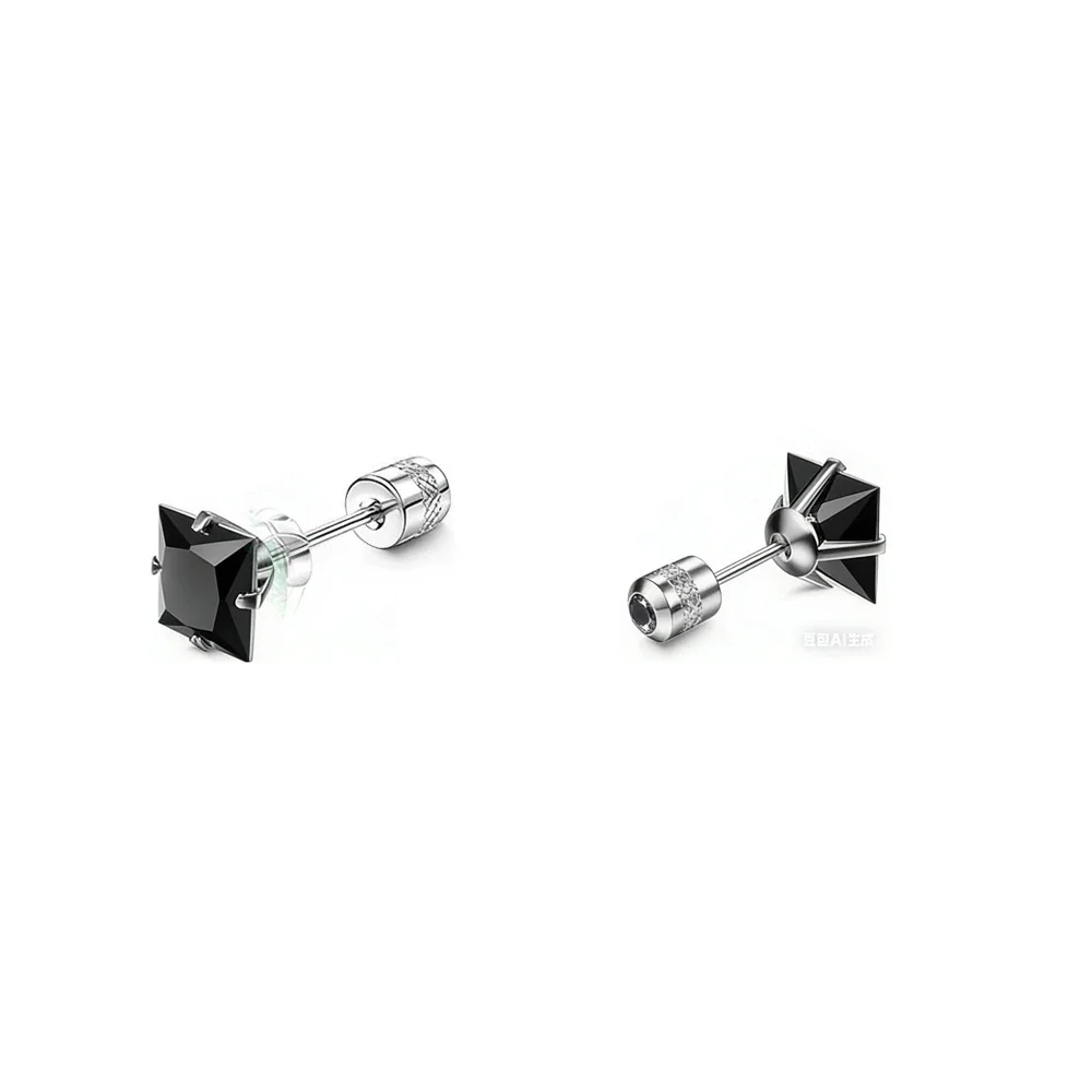 Stud Earrings, Round & Square Prong-Set CZ, Stainless Steel - Silver Square Black CZ - Single Piece