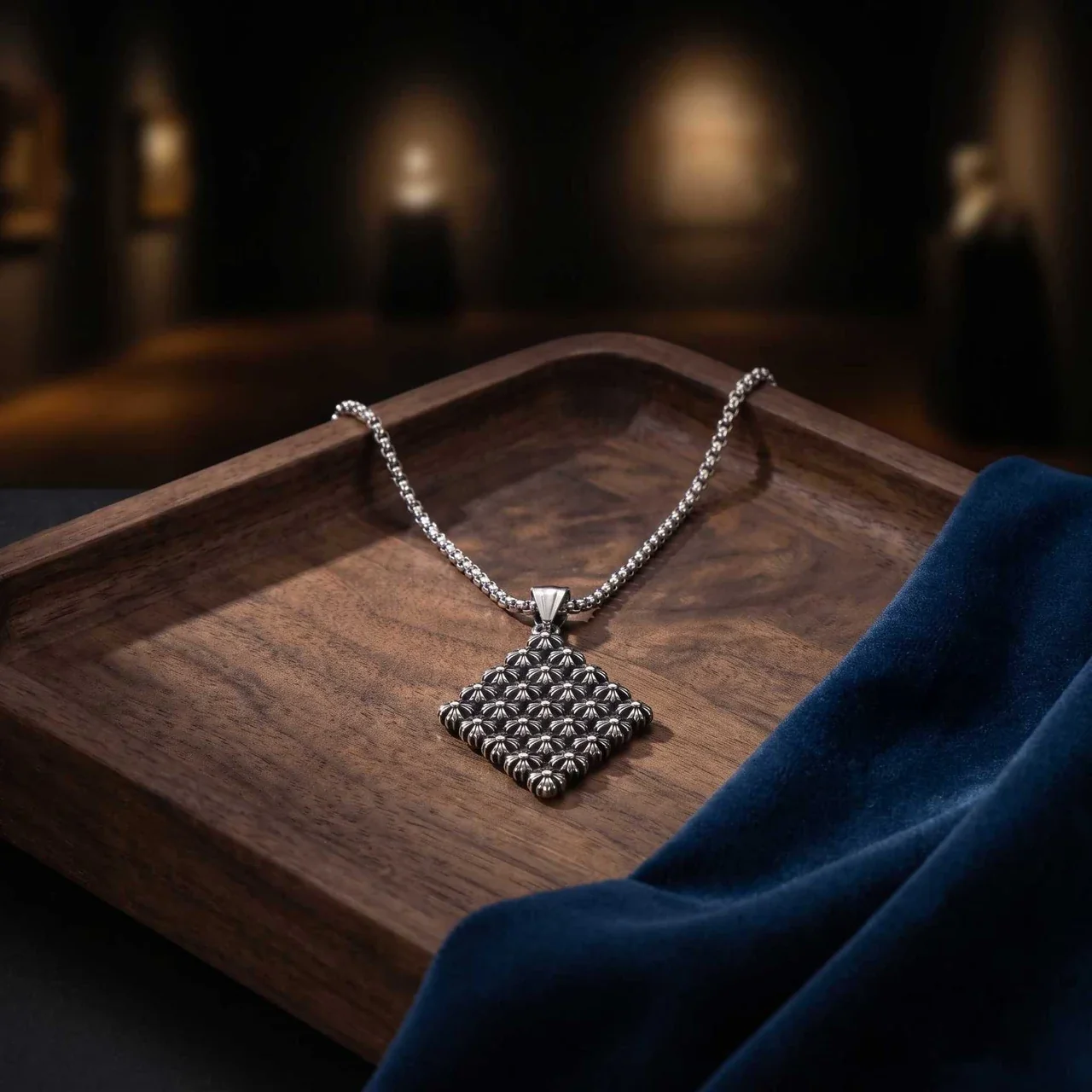 Floral Diamond Pendant Necklace, Stainless Steel