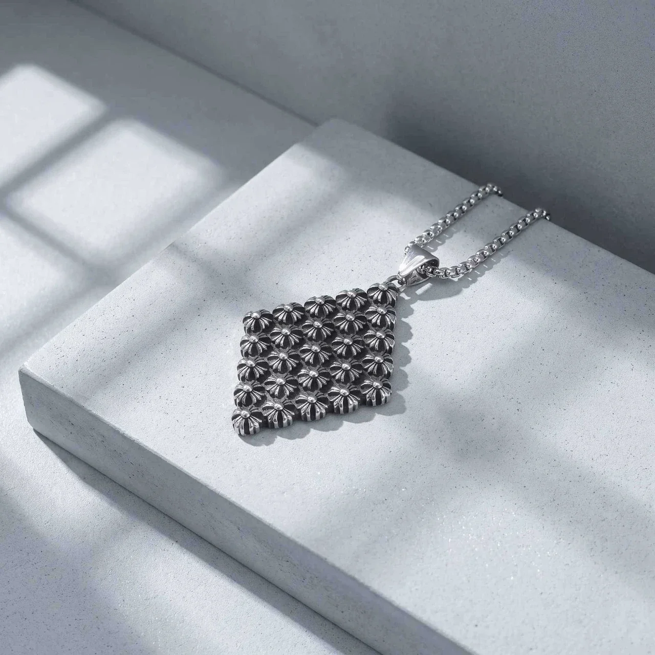 Floral Diamond Pendant Necklace, Stainless Steel