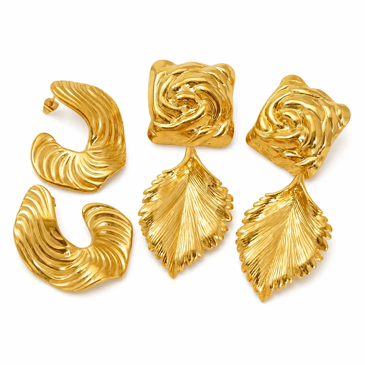 Sculptural Gold-Plated Leaf & Ribbed Hoop Earrings