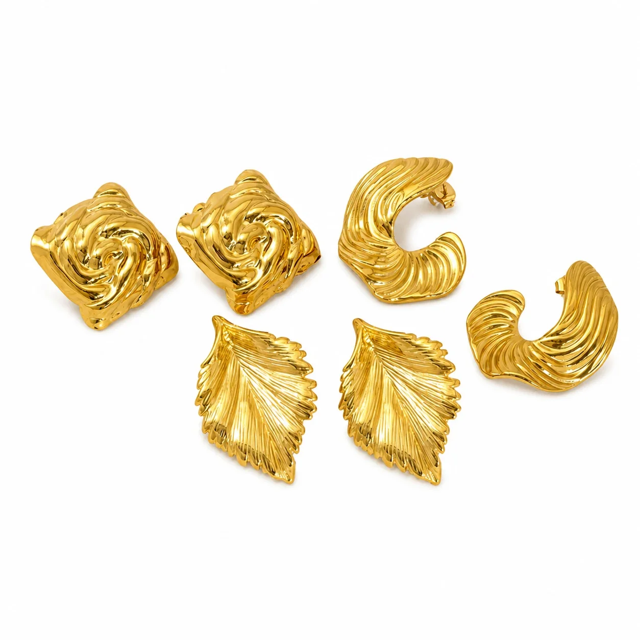 Sculptural Gold-Plated Leaf & Ribbed Hoop Earrings