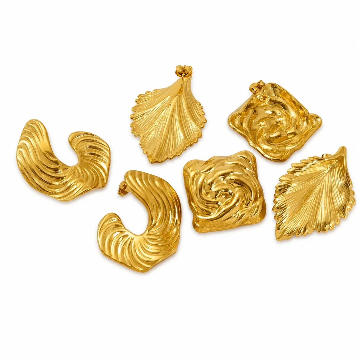 Sculptural Gold-Plated Leaf & Ribbed Hoop Earrings