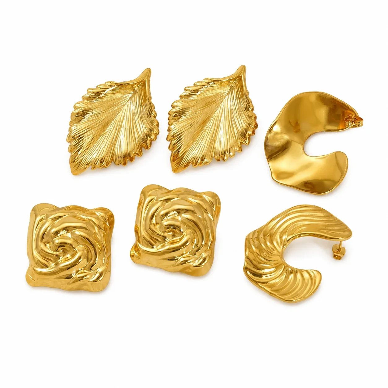 Sculptural Gold-Plated Leaf & Ribbed Hoop Earrings