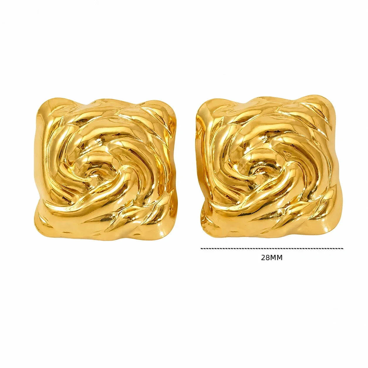 Sculptural Gold-Plated Leaf & Ribbed Hoop Earrings - Gold Square Swirl
