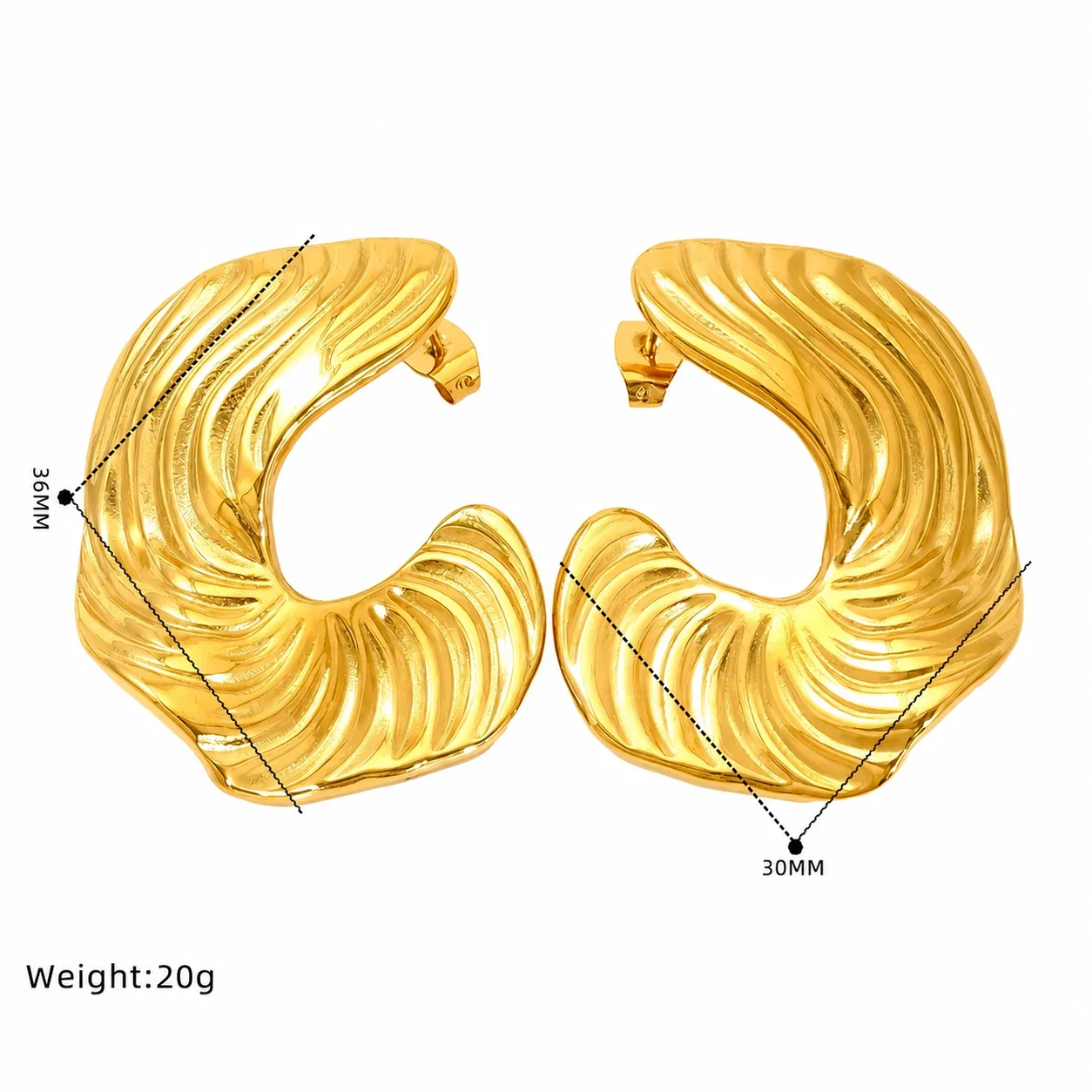Sculptural Gold-Plated Leaf & Ribbed Hoop Earrings - Gold Ribbed C-Hoop