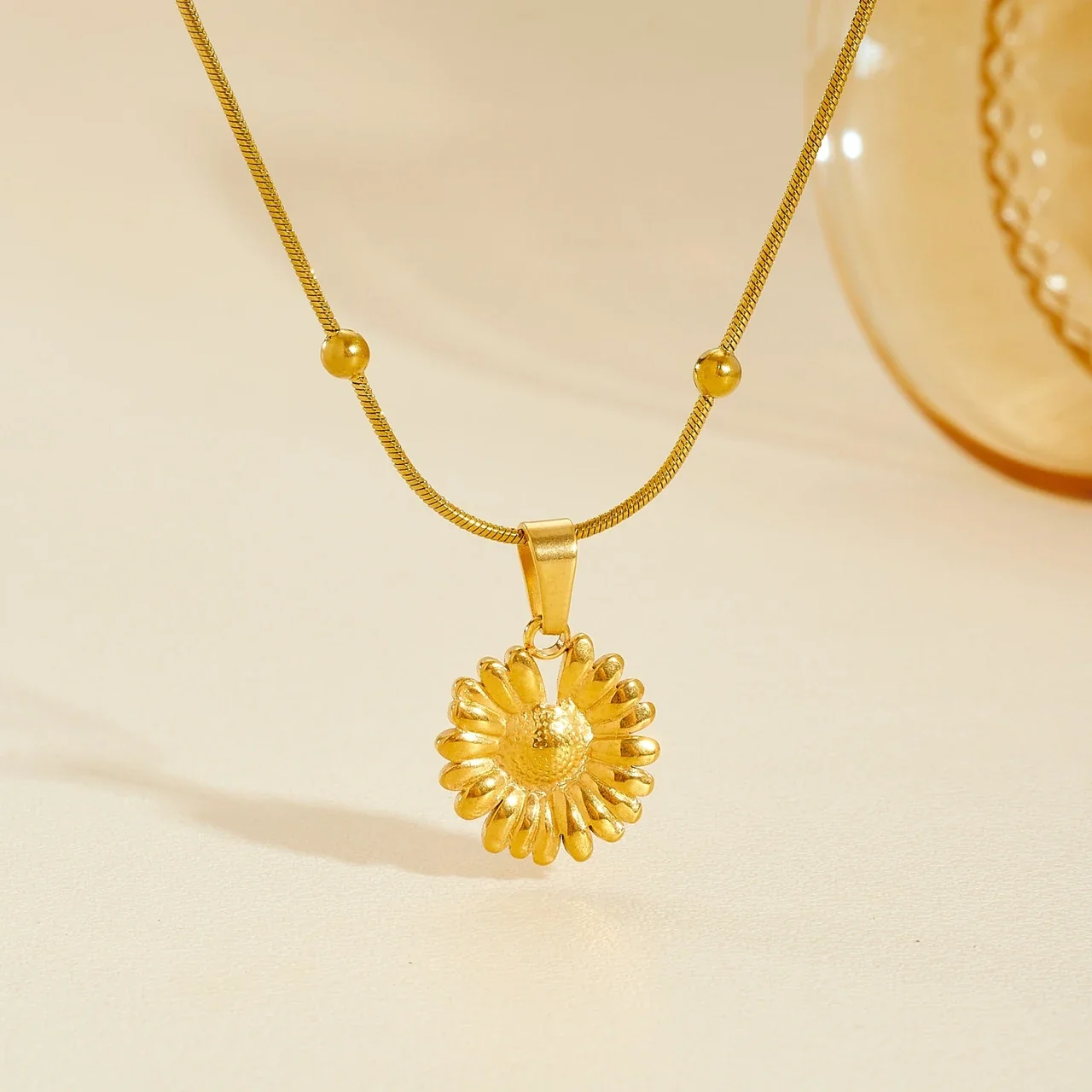 Daisy Stainless Steel Pendant Necklace with Beaded Snake Chain