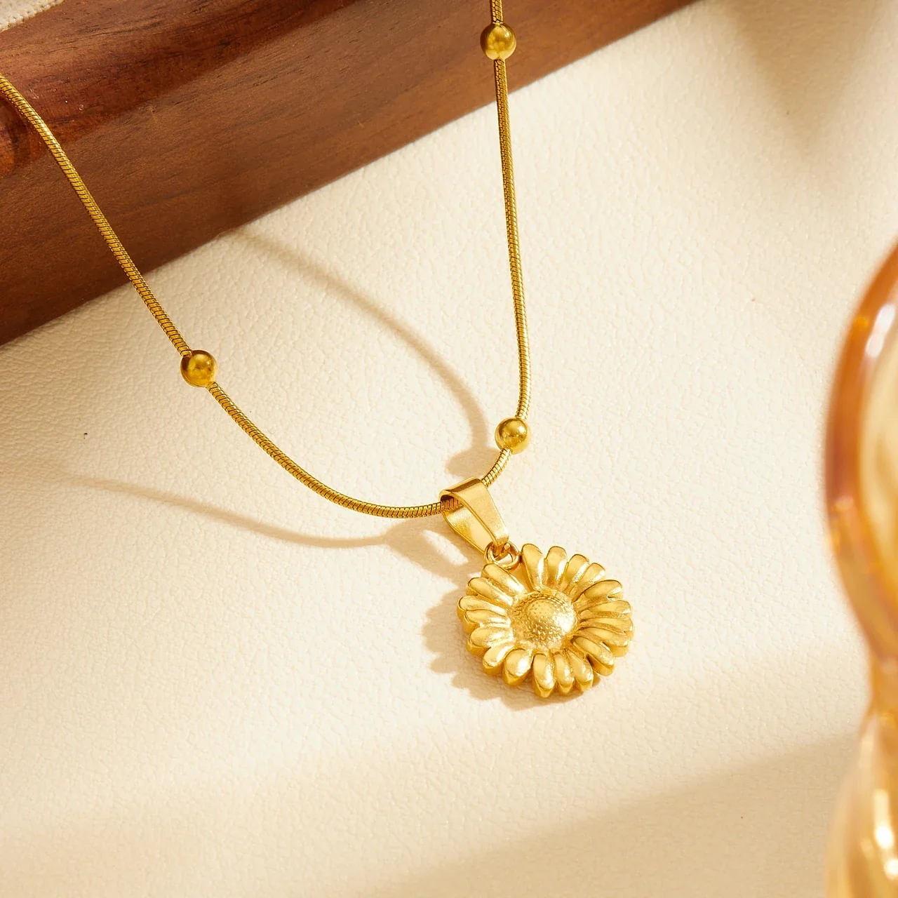 Daisy Stainless Steel Pendant Necklace with Beaded Snake Chain