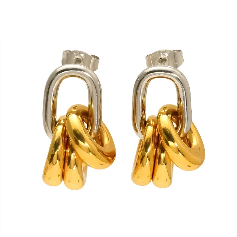 Sculptural Stainless Steel Two-Tone Link Drop Earrings