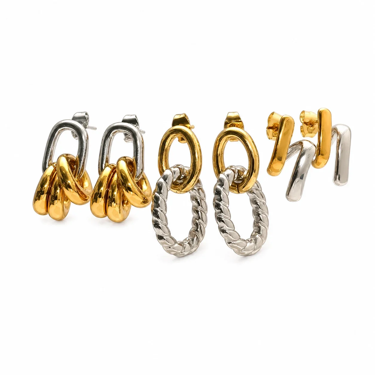 Sculptural Stainless Steel Two-Tone Link Drop Earrings