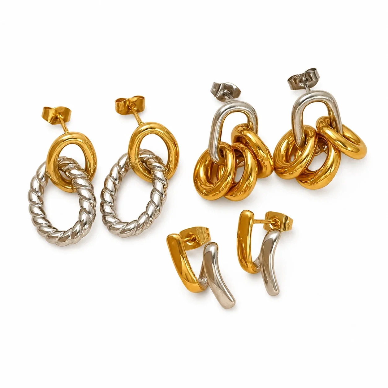 Sculptural Stainless Steel Two-Tone Link Drop Earrings