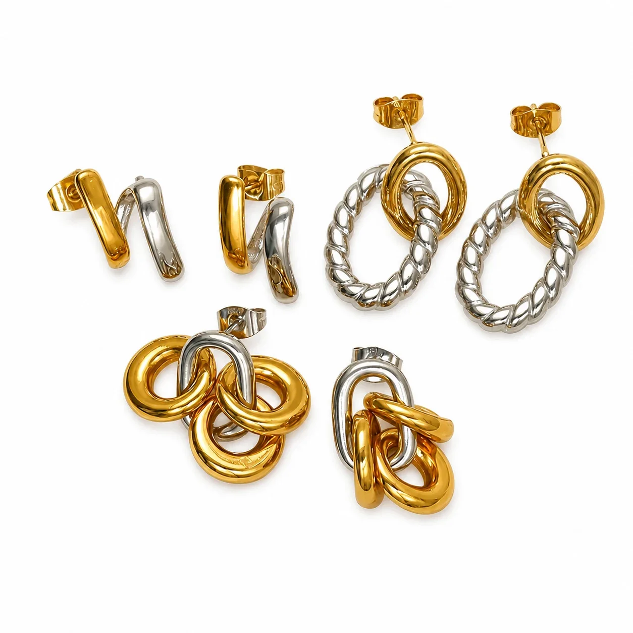 Sculptural Stainless Steel Two-Tone Link Drop Earrings