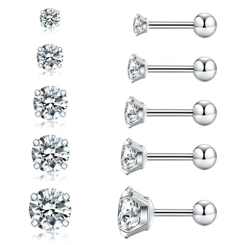 Polished 316 Steel Four-Prong CZ Stud Earrings - Silver Ball Back CZ Stud