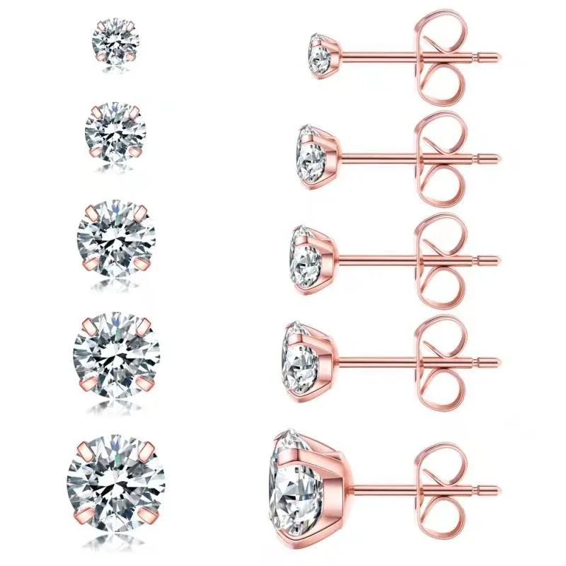 Polished 316 Steel Four-Prong CZ Stud Earrings - Rose Gold Butterfly Back CZ Stud