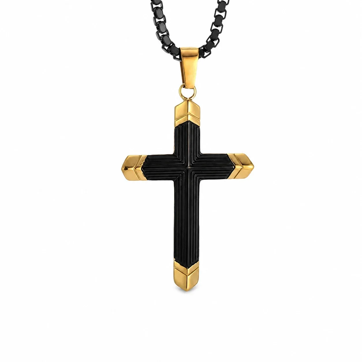 Bold 316 Stainless Steel Ribbed Cross Pendant Necklace - Gold Black -Tone Cross