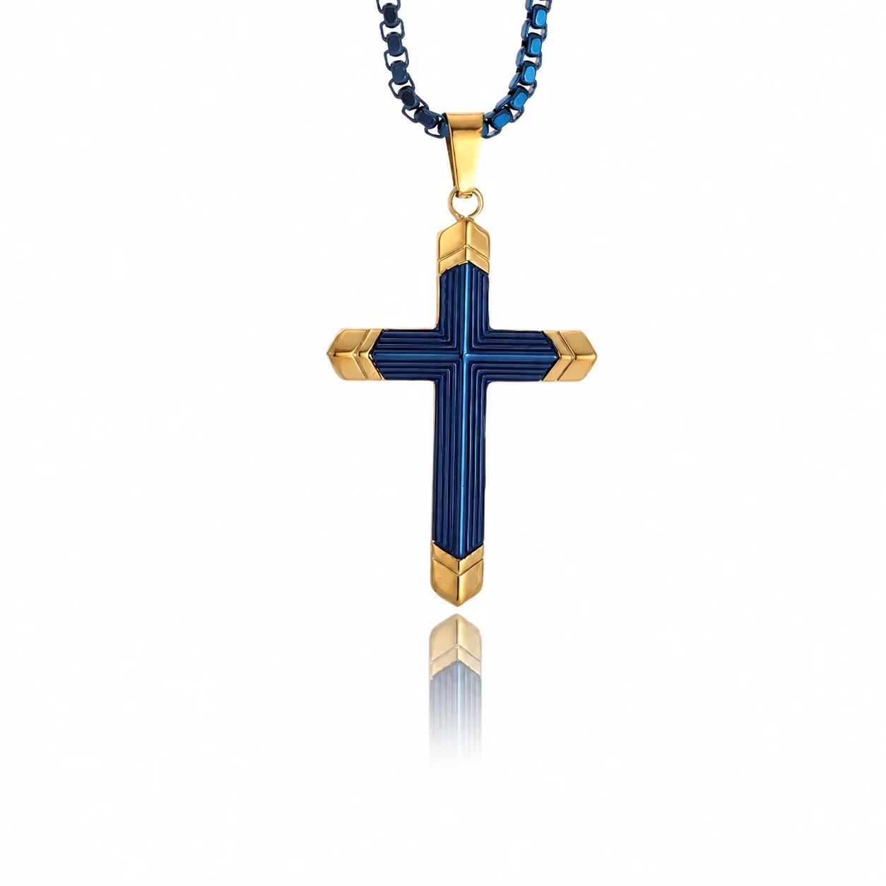 Bold 316 Stainless Steel Ribbed Cross Pendant Necklace - Gold Blue -Tone Cross