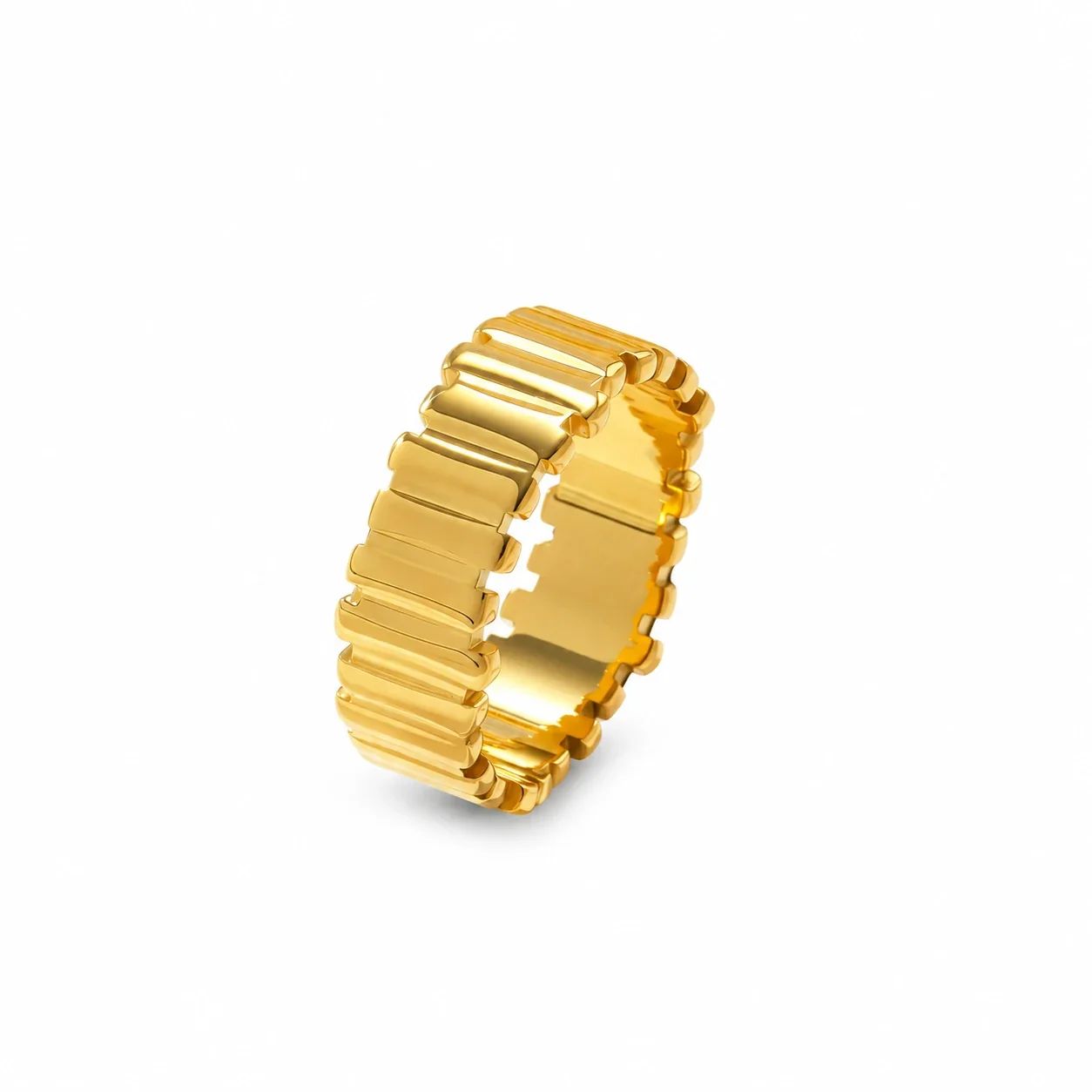 Wide Band Ring, Stepped Bar Texture, Gold-Plated Stainless Steel
