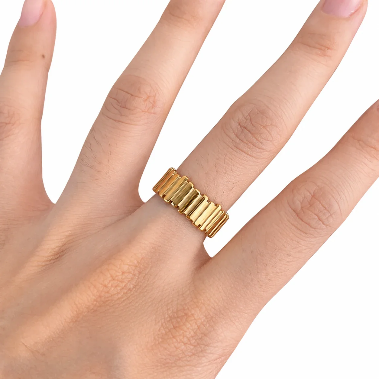 Wide Band Ring, Stepped Bar Texture, Gold-Plated Stainless Steel
