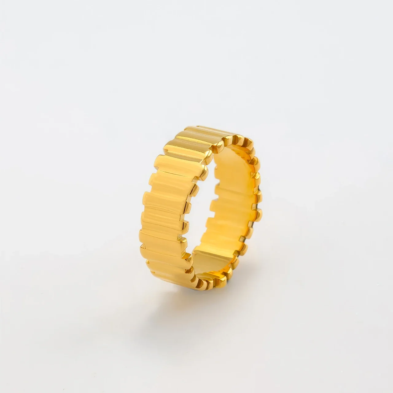 Wide Band Ring, Stepped Bar Texture, Gold-Plated Stainless Steel