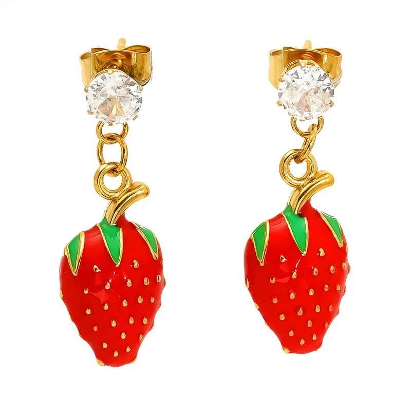 Playful Gold-Tone Stainless Steel CZ Enamel Fruit Drop Earrings
