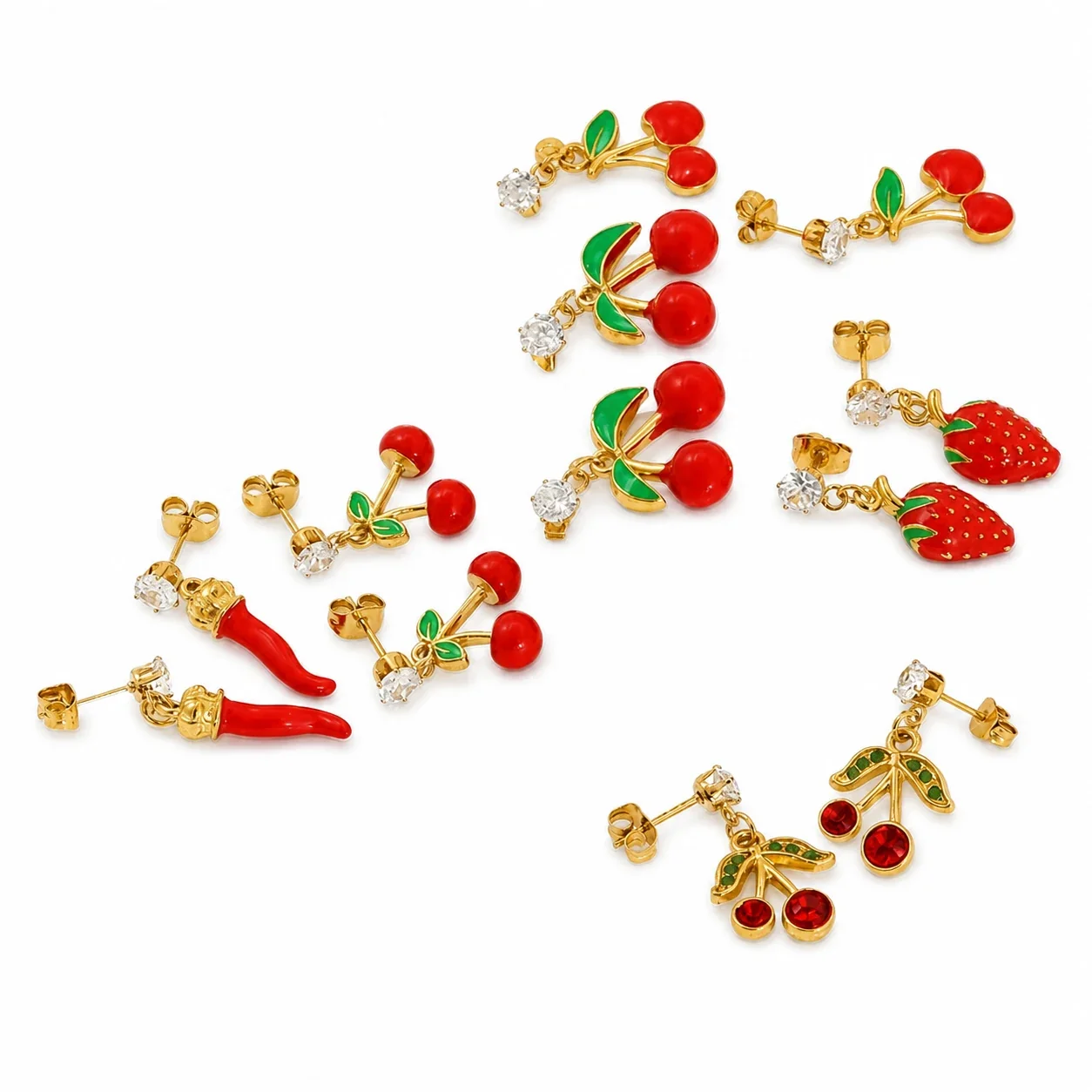 Playful Gold-Tone Stainless Steel CZ Enamel Fruit Drop Earrings