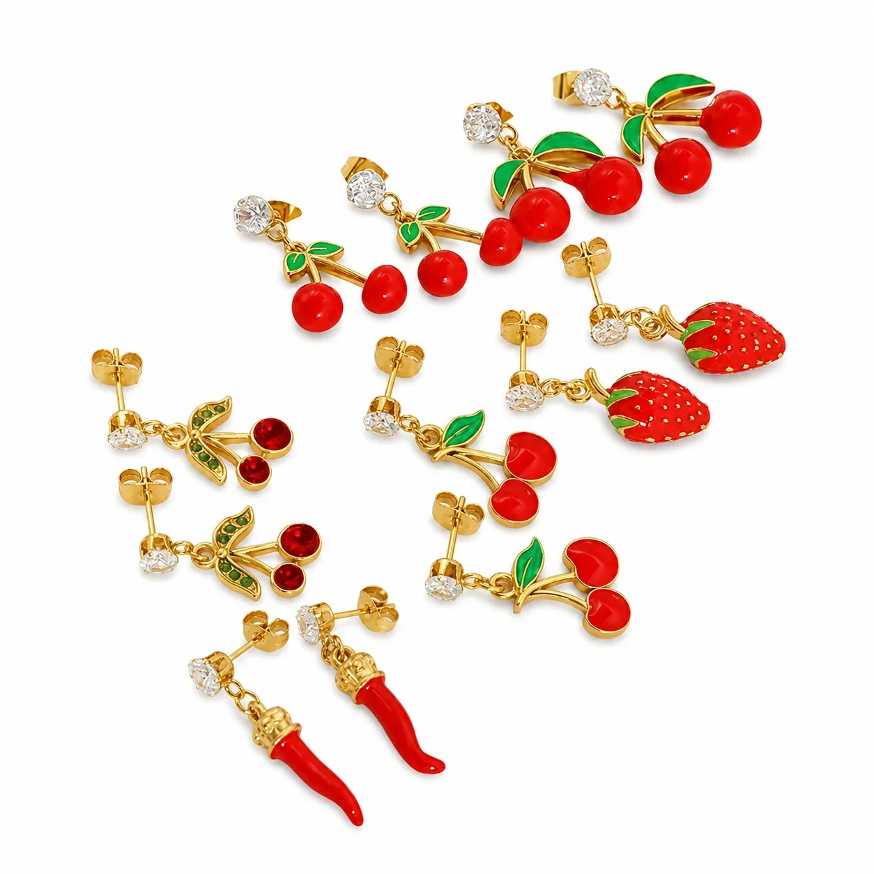 Playful Gold-Tone Stainless Steel CZ Enamel Fruit Drop Earrings