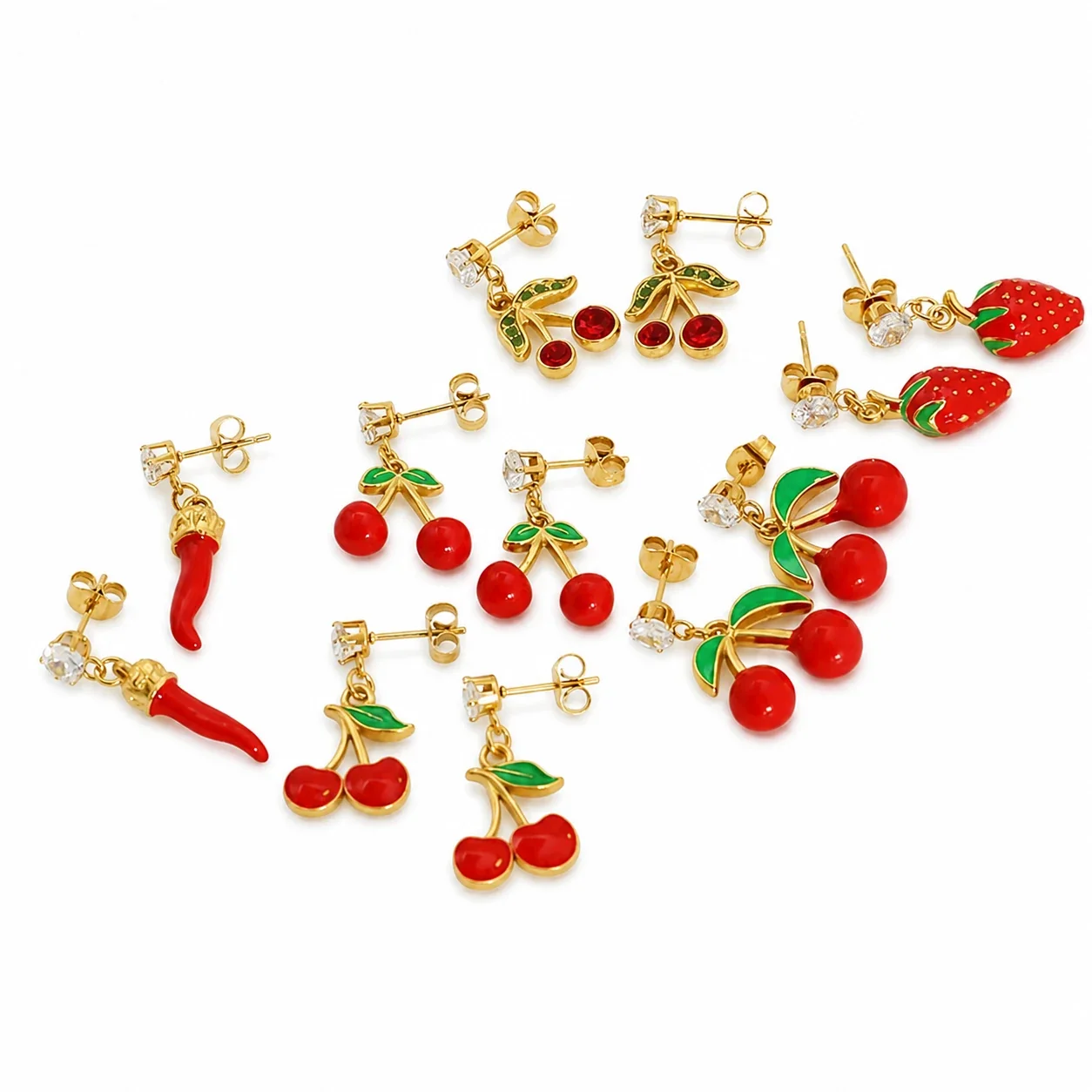 Playful Gold-Tone Stainless Steel CZ Enamel Fruit Drop Earrings