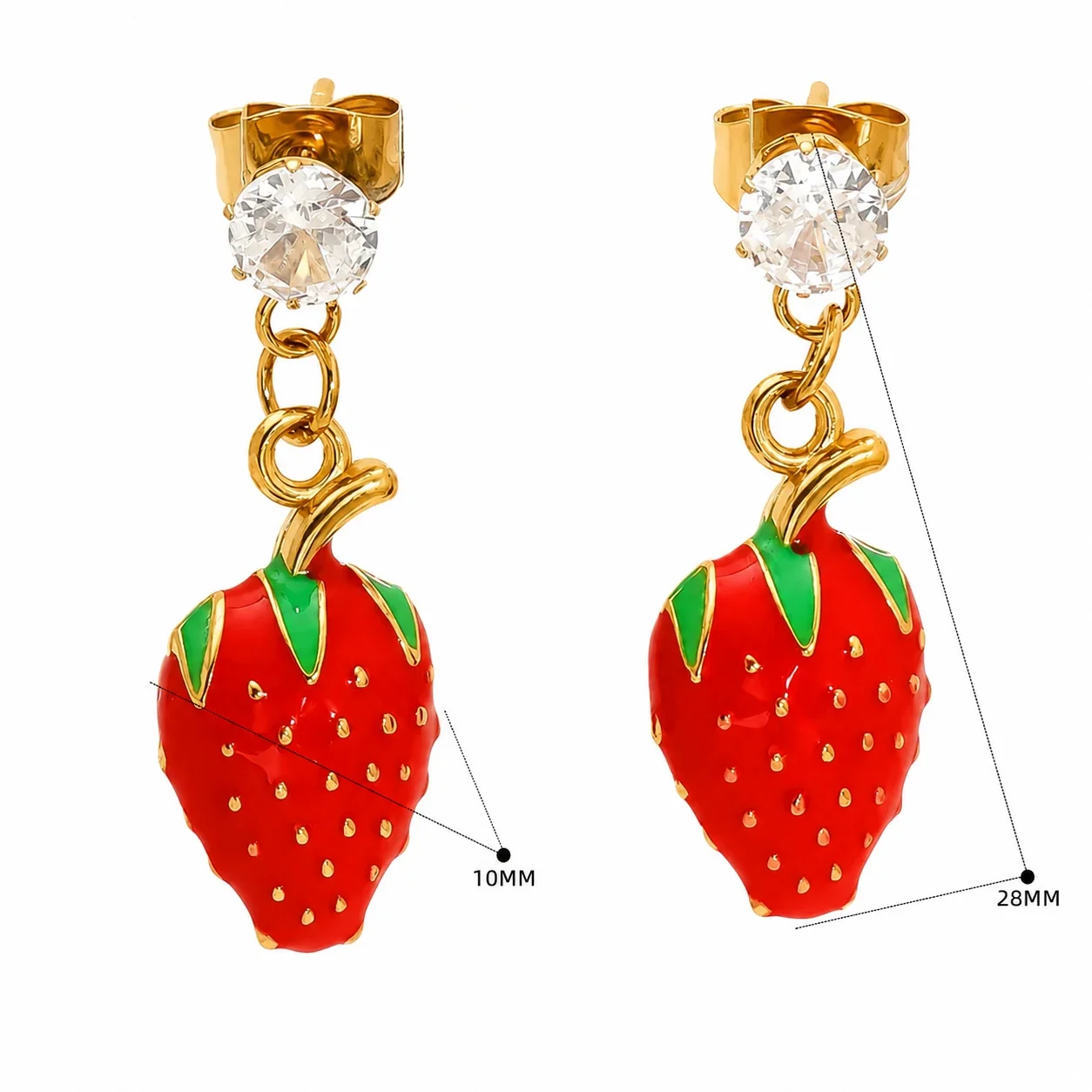 Playful Gold-Tone Stainless Steel CZ Enamel Fruit Drop Earrings - Gold Strawberry