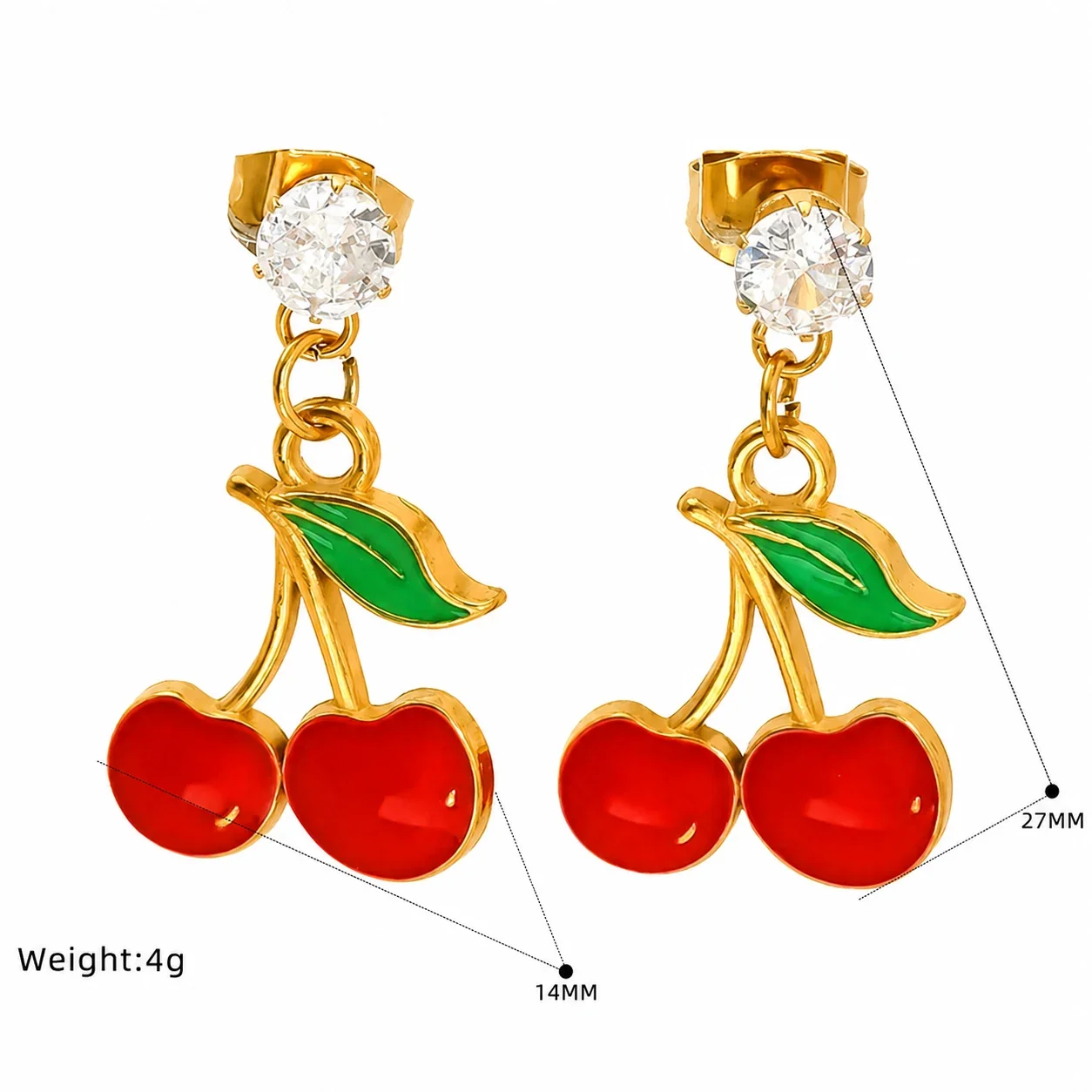 Playful Gold-Tone Stainless Steel CZ Enamel Fruit Drop Earrings - Gold Cherry Pair