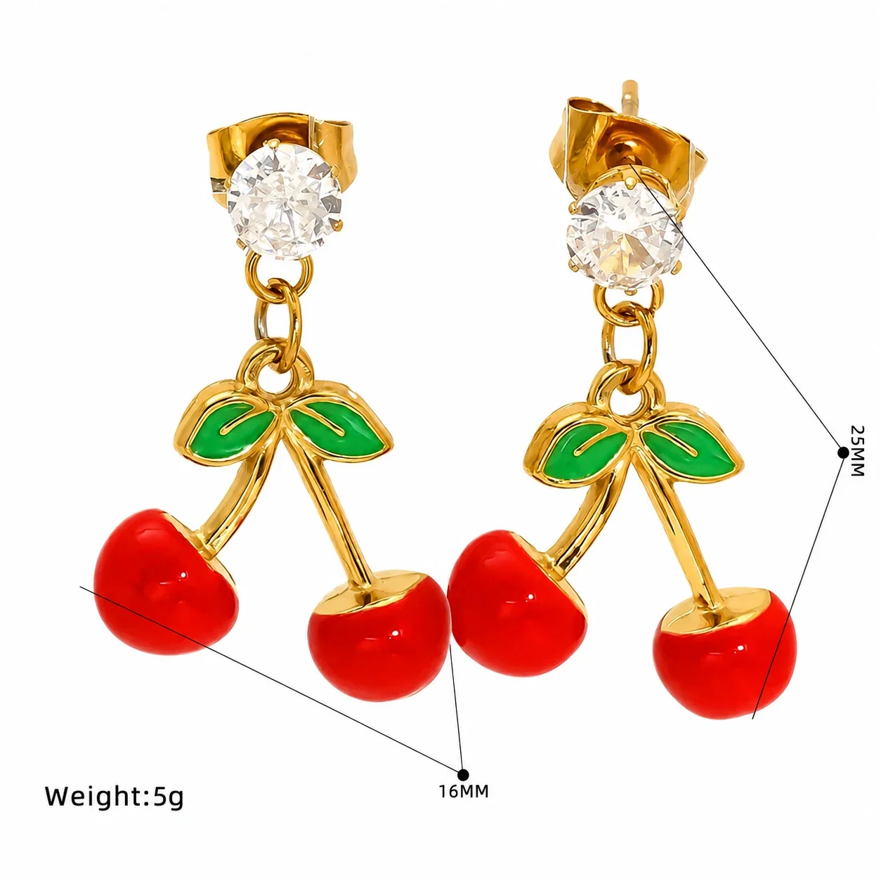 Playful Gold-Tone Stainless Steel CZ Enamel Fruit Drop Earrings - Gold Cherry Branch