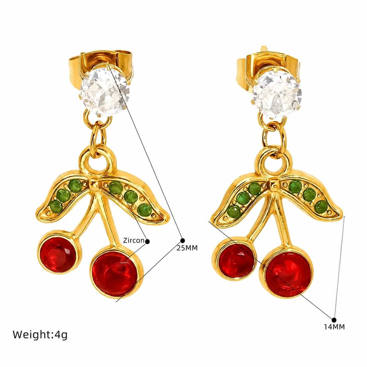 Playful Gold-Tone Stainless Steel CZ Enamel Fruit Drop Earrings - Gold Red Crystal Cherry
