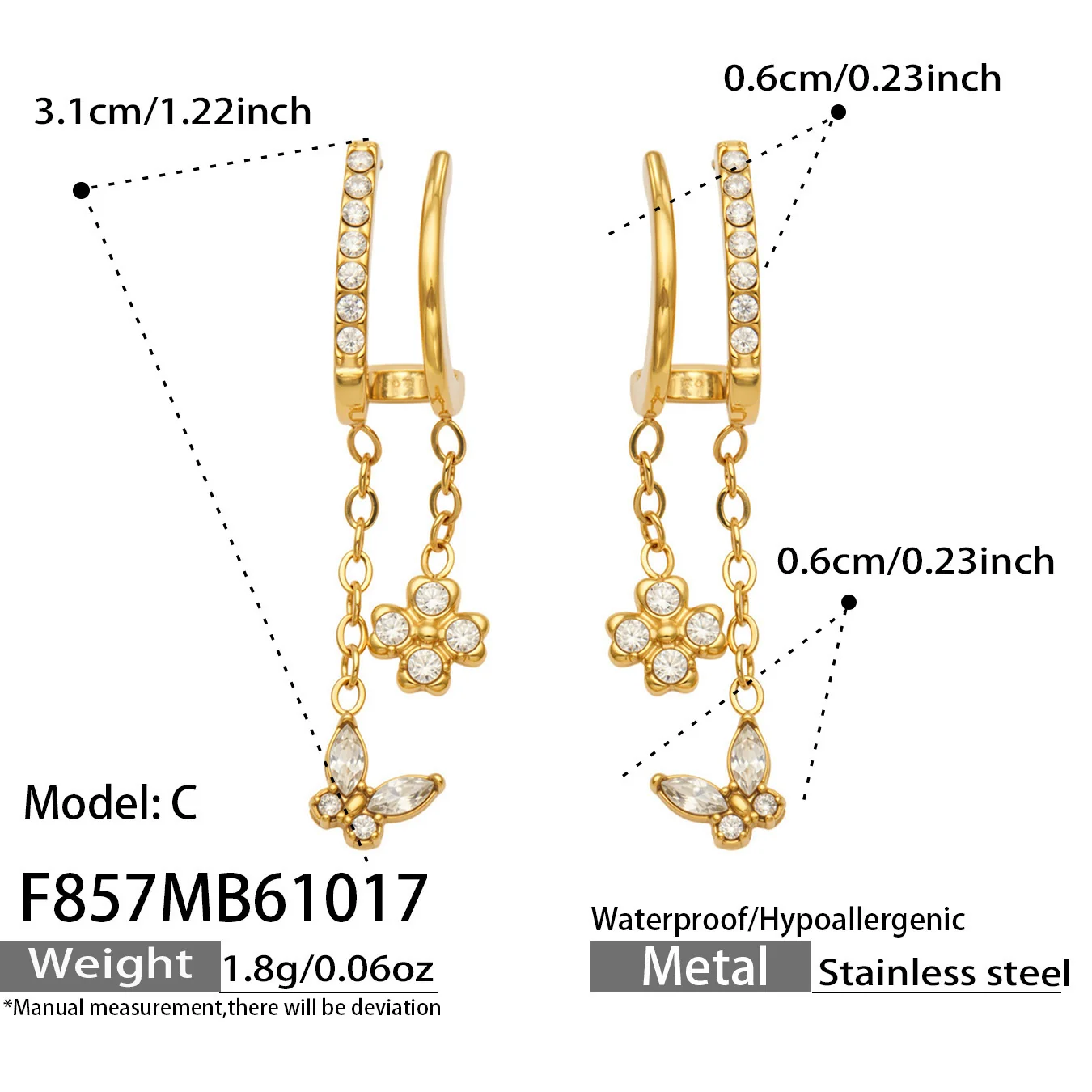 Huggie-oorringen met hanger van cubic zirkonia, roestvrij staal productfoto