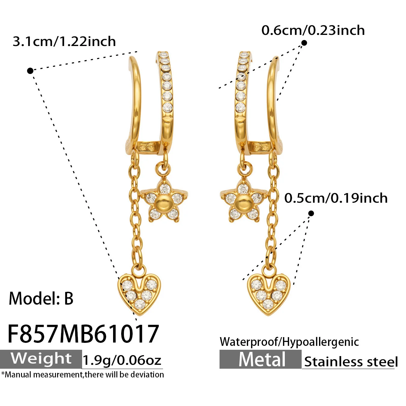 Huggie-oorringen met hanger van cubic zirkonia, roestvrij staal productfoto