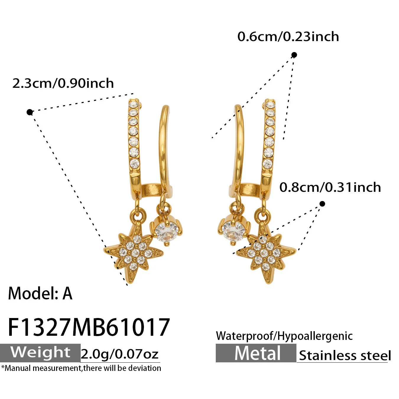 Huggie-oorringen met hanger van cubic zirkonia, roestvrij staal productfoto