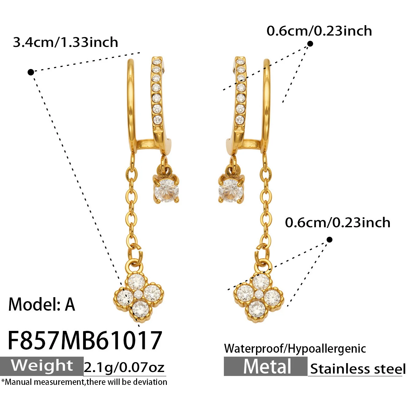 Huggie-oorringen met hanger van cubic zirkonia, roestvrij staal productfoto