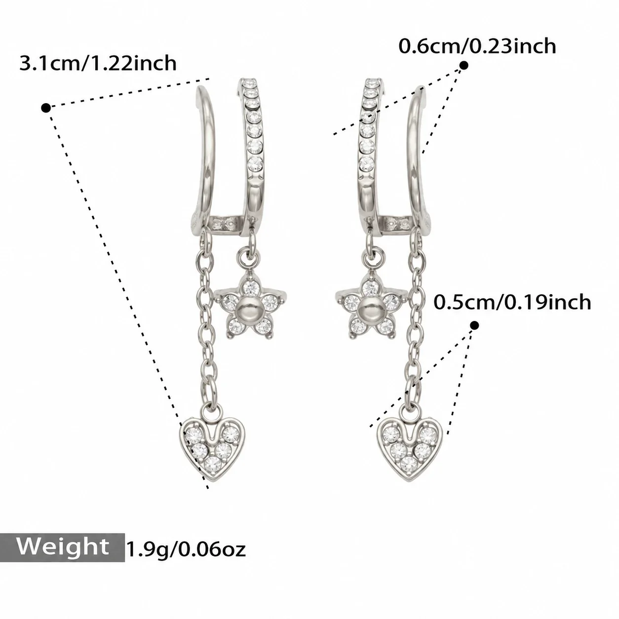 Huggie-oorringen met hanger van cubic zirkonia, roestvrij staal productfoto