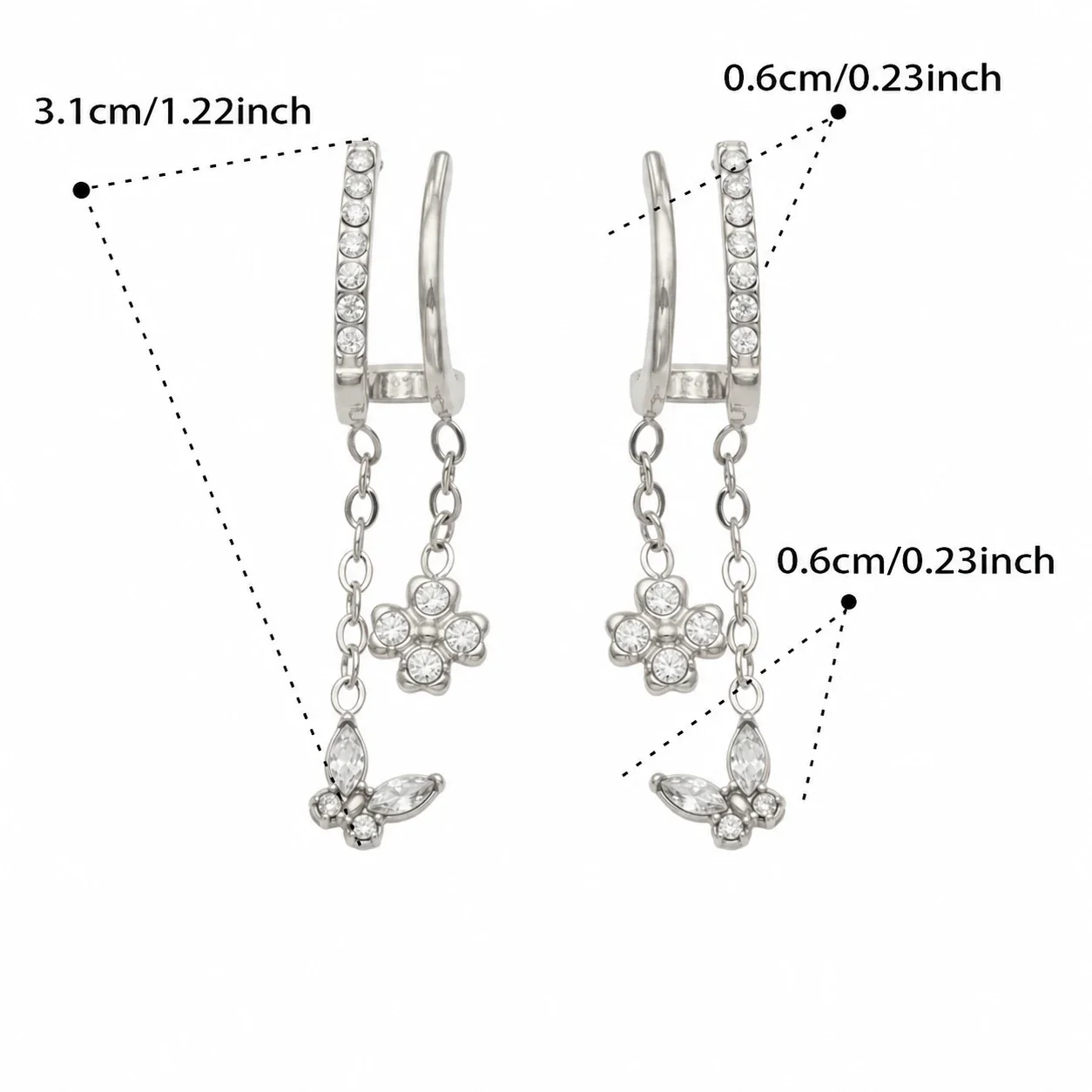 Huggie-oorringen met hanger van cubic zirkonia, roestvrij staal productfoto