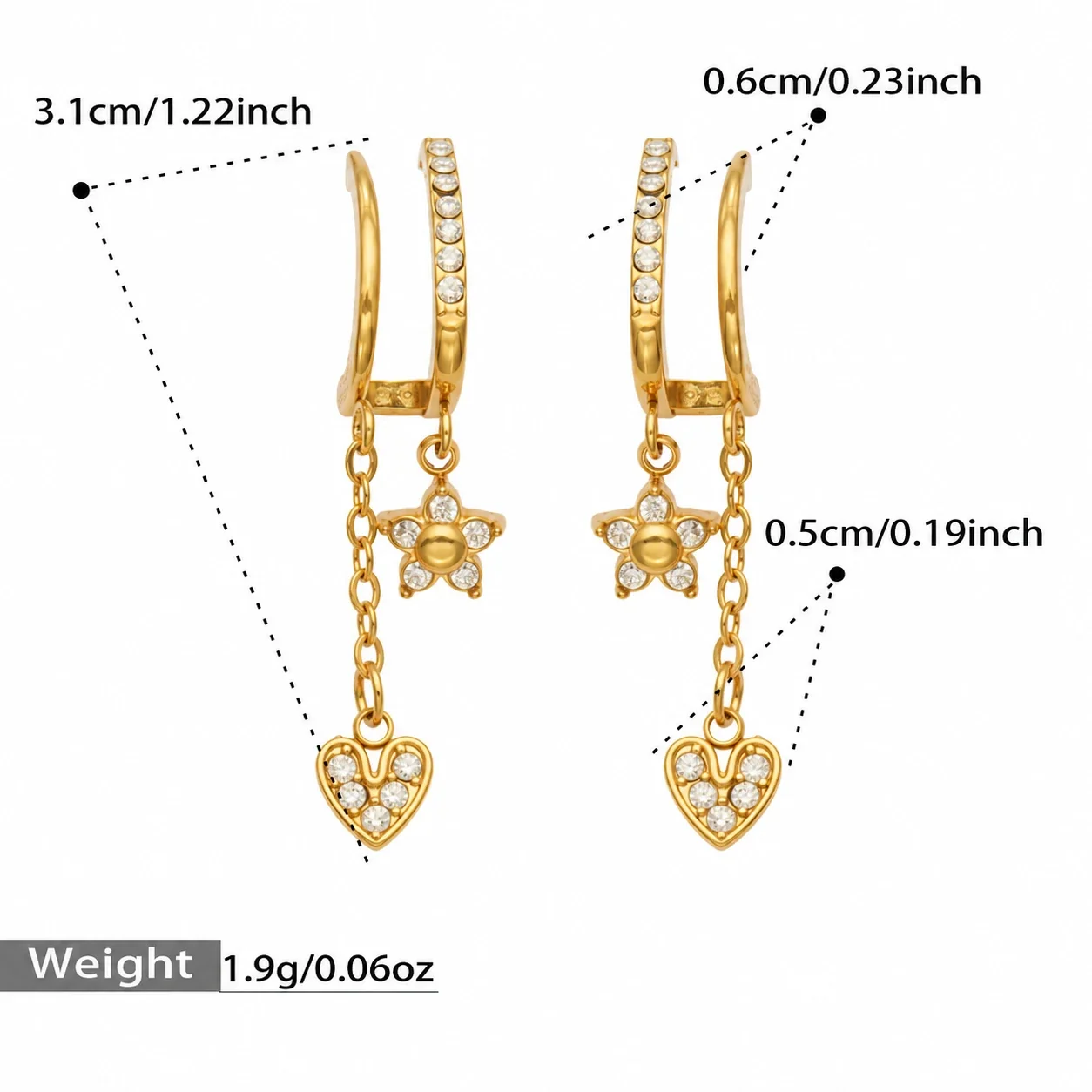 Huggie-oorringen met hanger van cubic zirkonia, roestvrij staal productfoto